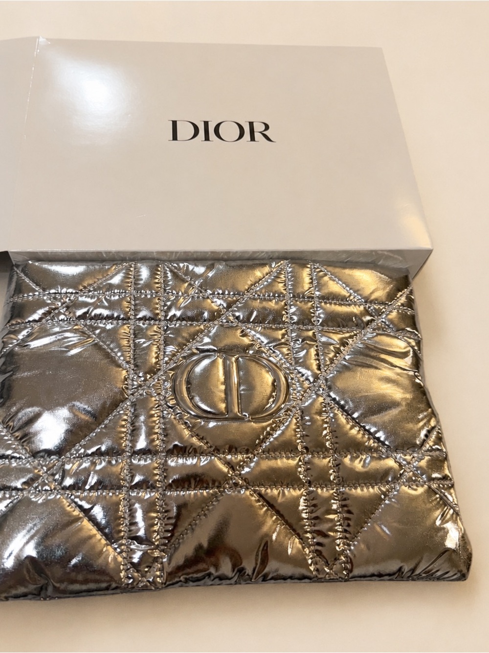 New in box Dior Silver Quilted Zip Makeup Bag Zipper Pouch with CD Logo